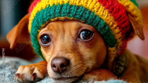 Adorable Dog Wearing Colorful Rastafari Hat on Neutral Background