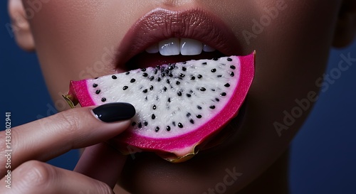 Eating Dragon Fruit Slice Close-up Woman's Mouth with Dark Lipstick