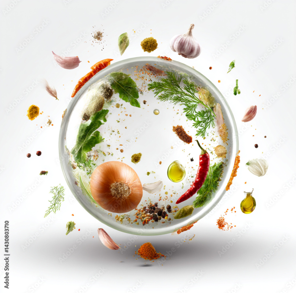 a glass orb, the box with Paprika, Onion, Pepper, Mustard, Parsley, Garlic, Salt, Oil, all floating in mid air, soft shadows and a clean studio background, pure white background.