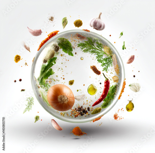 Obraz na płótnie a glass orb, the box with Paprika, Onion, Pepper, Mustard, Parsley, Garlic, Salt, Oil, all floating in mid air, soft shadows and a clean studio background, pure white background. w salonie