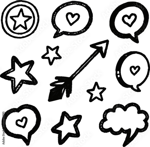 Doodle sketch stars hearts arrow speech bubbles vector set 