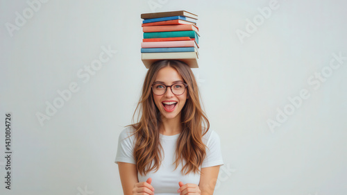Young woman balancing stack of colorful books on head, smiling joyfully, promoting education and learning concept. Banner size with copy space.
