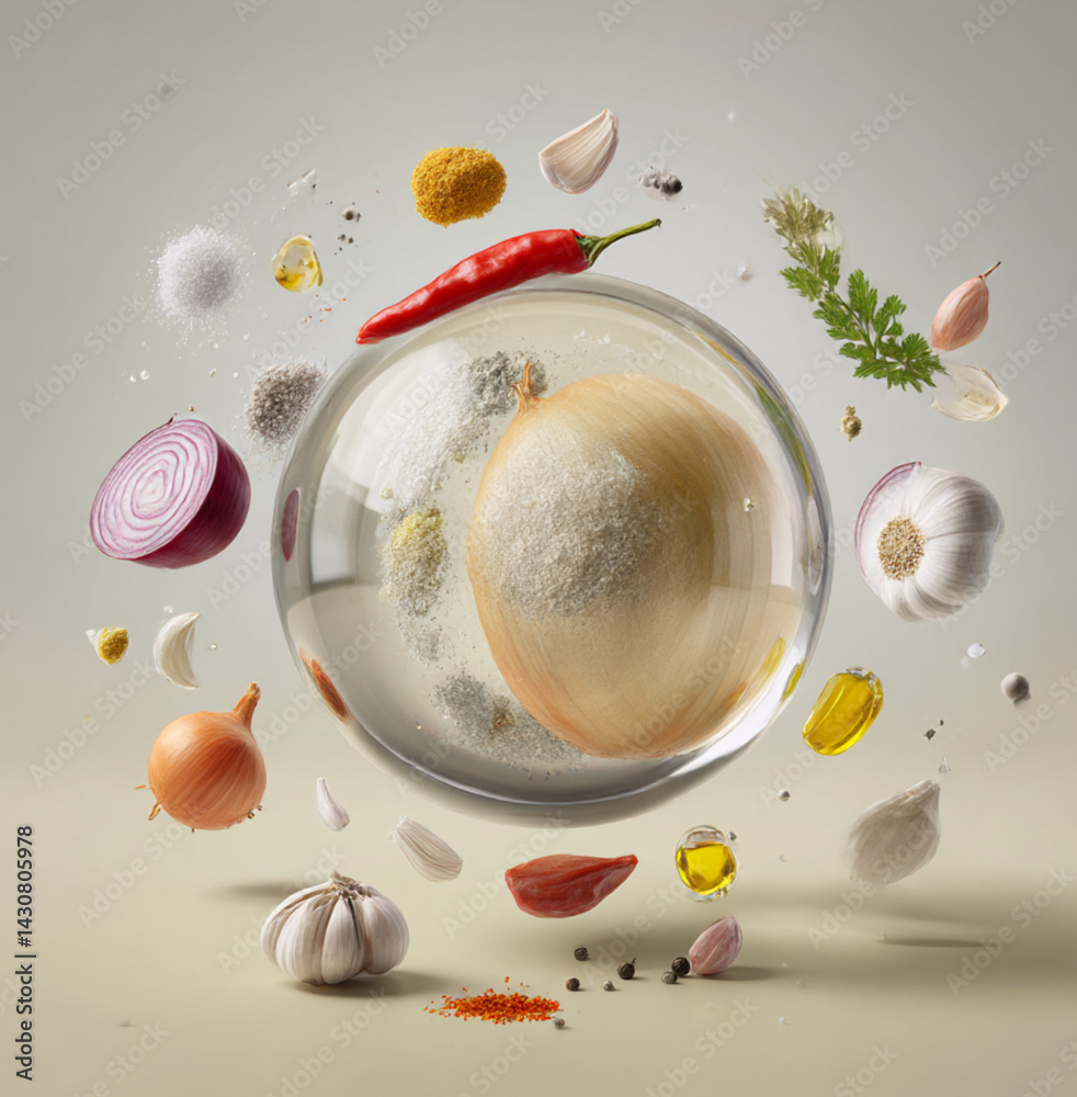 a glass orb, the box with Paprika, Onion, Pepper, Mustard, Parsley, Garlic, Salt, Oil, all floating in mid air, soft shadows and a clean studio background, pure white background.