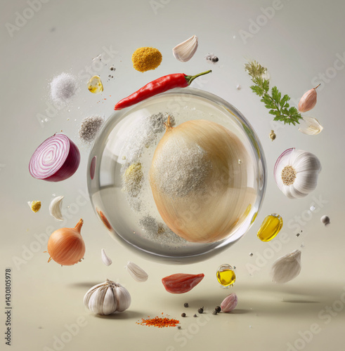 Obraz na płótnie a glass orb, the box with Paprika, Onion, Pepper, Mustard, Parsley, Garlic, Salt, Oil, all floating in mid air, soft shadows and a clean studio background, pure white background. w salonie