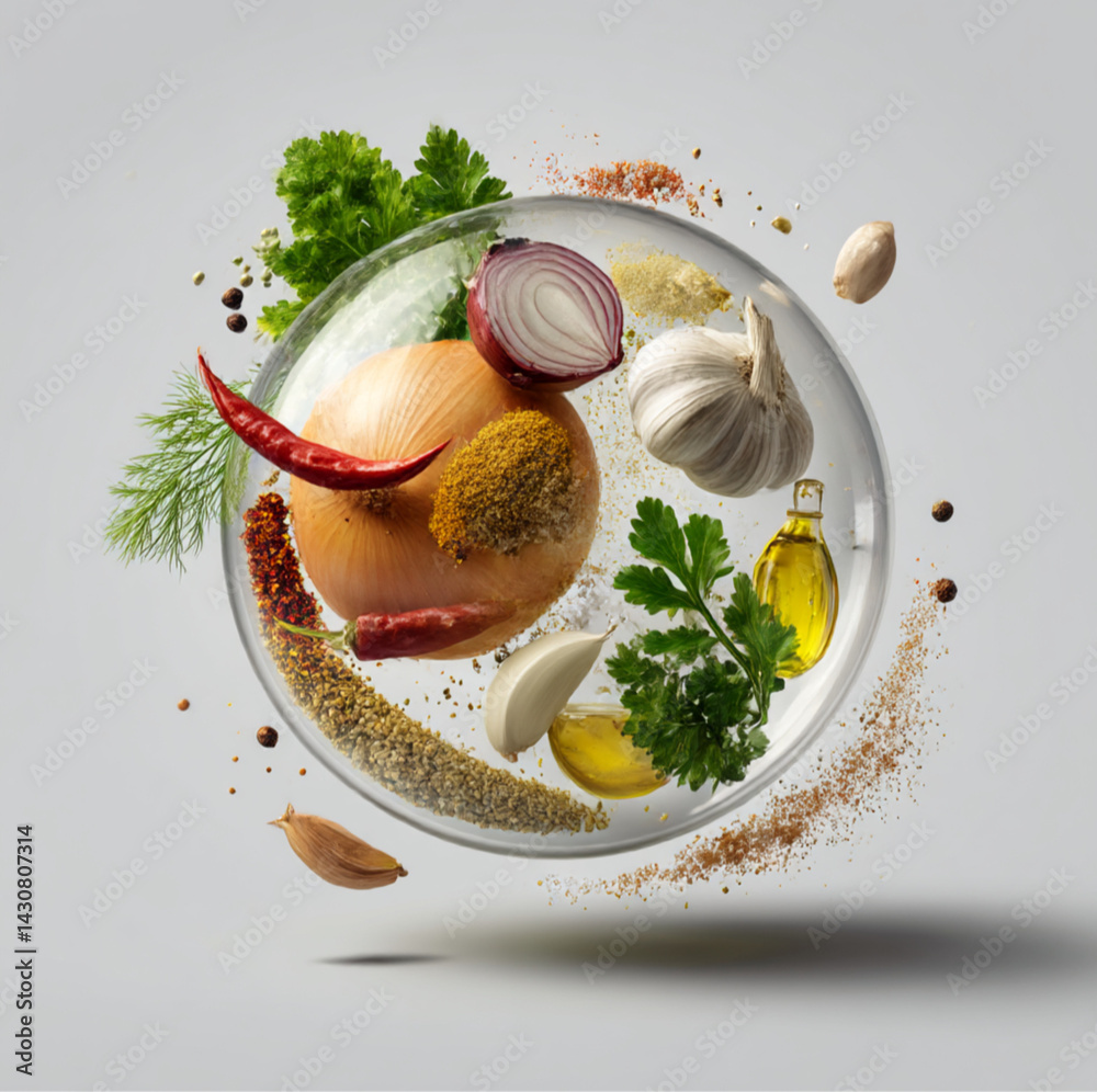 a glass orb, the box with Paprika, Onion, Pepper, Mustard, Parsley, Garlic, Salt, Oil, all floating in mid air, soft shadows and a clean studio background, pure white background.