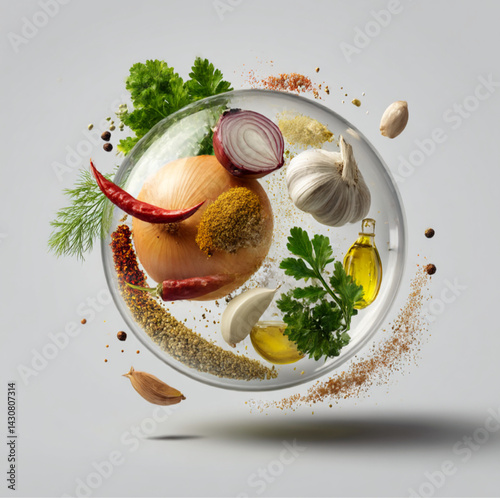 Obraz na płótnie a glass orb, the box with Paprika, Onion, Pepper, Mustard, Parsley, Garlic, Salt, Oil, all floating in mid air, soft shadows and a clean studio background, pure white background. w salonie
