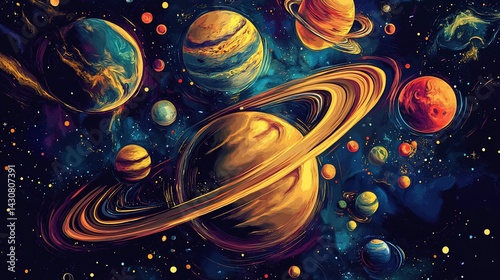 Colorful planets float in a vast, starlit expanse. Galaxies swirl, creating a vibrant cosmic scene