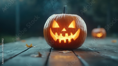 This image showcases a menacing jack-o'-lantern with sharp teeth, lit from within, sitting on a rustic wooden table surrounded by autumn leaves, emphasizing the Halloween spirit.