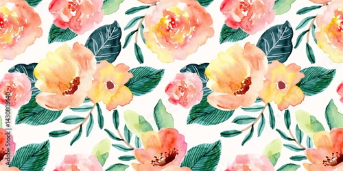Fototapeta Naklejka Na Ścianę i Meble -  Watercolor Floral Seamless Pattern with Soft Peach and Yellow Hues