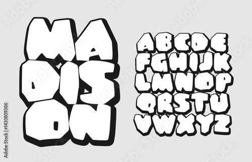 Cartoon stone alphabet font in simple black and white style, perfect for games and playful design projects