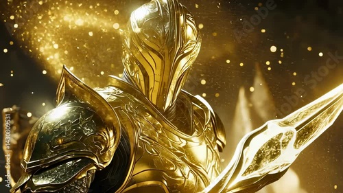 A celestial tyrant boss character concept, adorned with golden armor and wielding a radiant, divine spear.