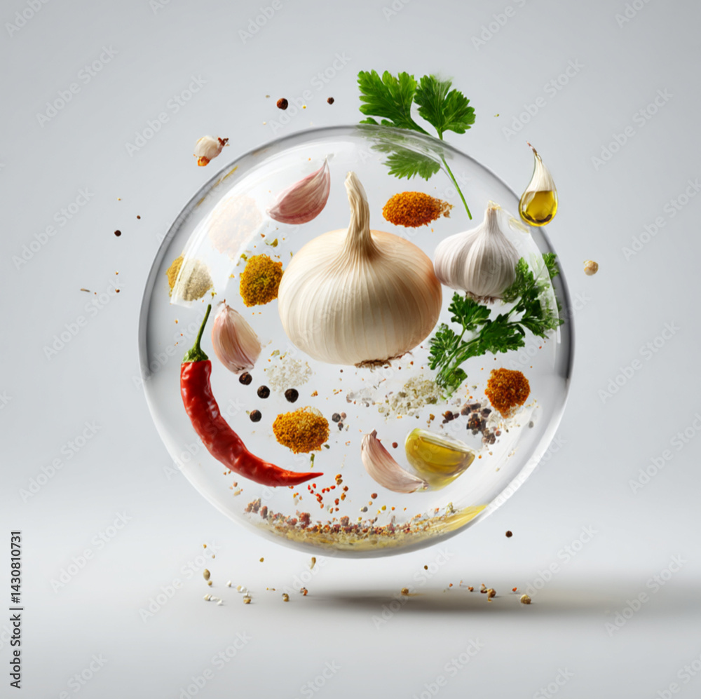 a glass orb, the box with Paprika, Onion, Pepper, Mustard, Parsley, Garlic, Salt, Oil, all floating in mid air, soft shadows and a clean studio background, pure white background.