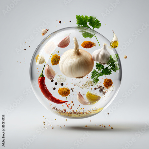 Obraz na płótnie a glass orb, the box with Paprika, Onion, Pepper, Mustard, Parsley, Garlic, Salt, Oil, all floating in mid air, soft shadows and a clean studio background, pure white background. w salonie