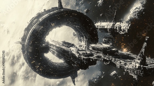 Fototapeta Naklejka Na Ścianę i Meble -  Huge, detailed orbital space station floats above the swirling clouds of a planet in the dark void