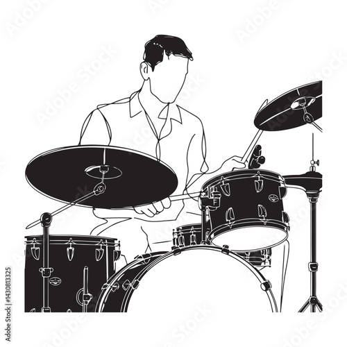 Man Playing Drums Silhouette - Stylish Minimal Line Art - man playing drums silhouette - man playing drums vector - man playing drums doodle - drum illustration - man playing drums line art

