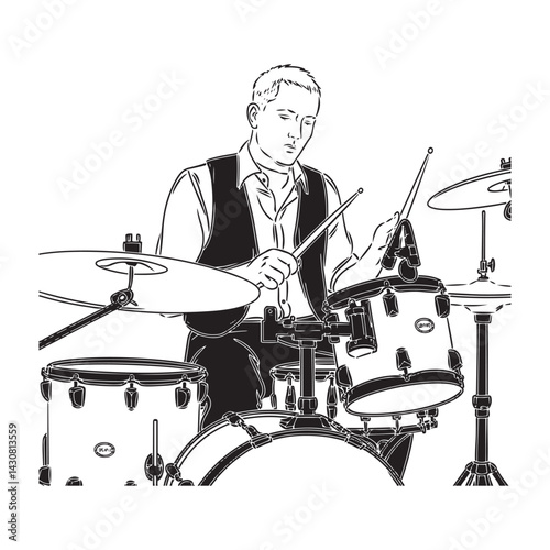 Man Playing Drums Silhouette - Sleek Vector Outline - man playing drums silhouette - man playing drums vector - man playing drums doodle - drum illustration - man playing drums line art

