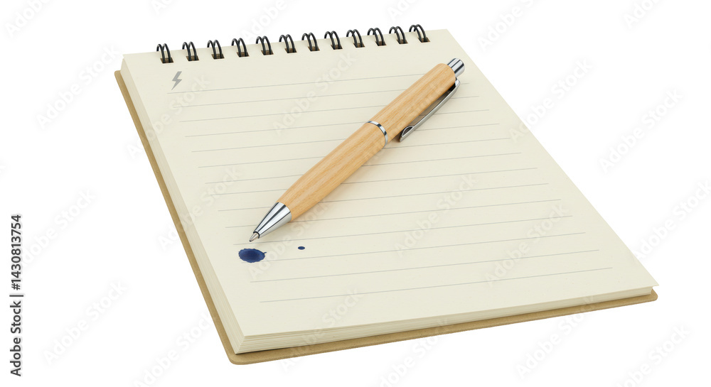 Isolated Notepad with Wooden Pen and Ink Blot, Representing Creative Writing Process Isolated Notepad with Wooden Pen and Ink Blot, Representing Creative Writing Process
