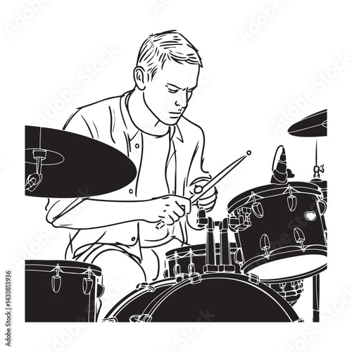 Man Playing Drums Silhouette - Artistic Clean Line Drawing - man playing drums silhouette - man playing drums vector - man playing drums doodle - drum illustration - man playing drums line art

