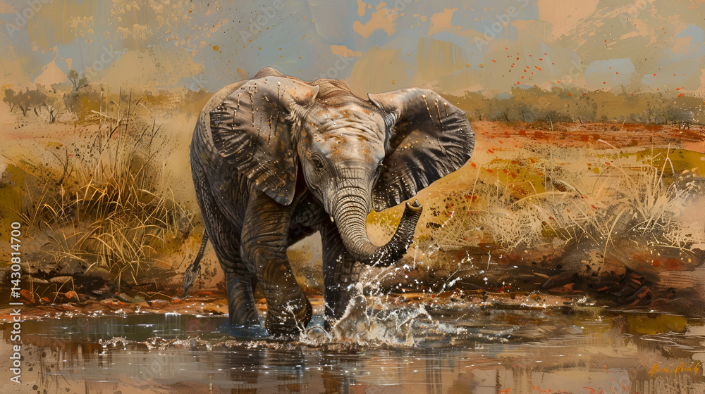 Fototapeta premium Elephant splashing in waterhole painting with a dry grassy background in a wildlife scene