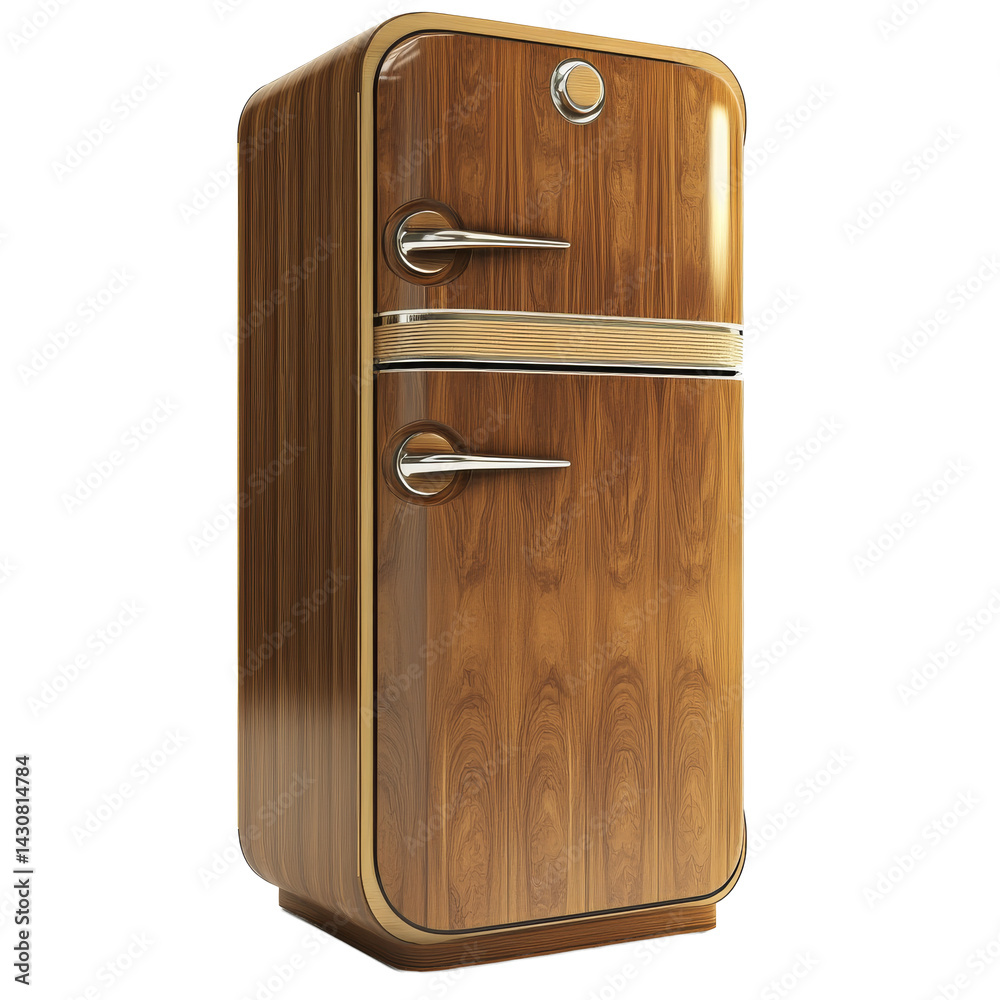 Classic retro refrigerator with wood finish and chrome accents in vintage style