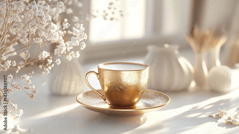 Fototapeta premium Golden teacup on a windowsill, bathed in sunlight, with delicate white flowers
