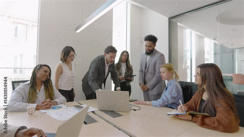 Highly skilled and experienced business diverse team is convening a meeting to thoroughly analyze financial data, systematically review sales reports, and thoughtfully assess current market trends 