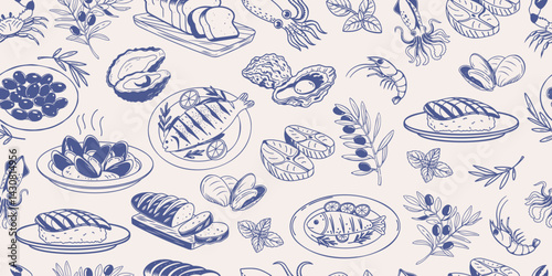 Seamless pattern of hand drawn simple mediterranean food. Fish seafood cheese olives bread. Background for cafe or restaurant menu.
