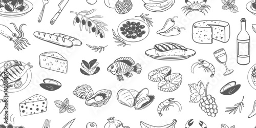 Seamless pattern of hand drawn simple mediterranean food. Fish seafood cheese olives bread. Background for cafe or restaurant menu.