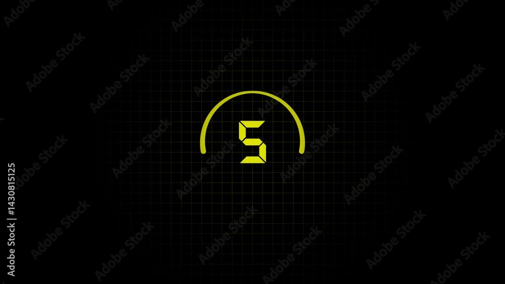 Digital countdown timer in 5 seconds to 0 second.Countdown animation from 5 to 0 second. On transparent background with alpha channel