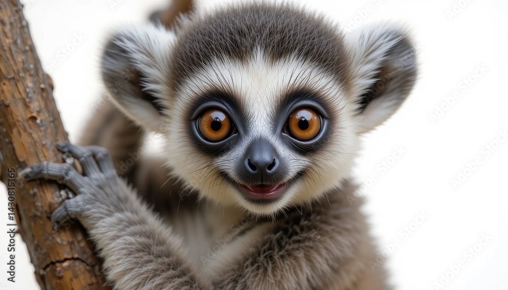 Adorable Baby Lemur Closeup Portrait on Branch