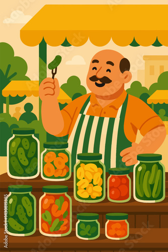 Man Selling Pickled Vegetables at Outdoor Market with Jars