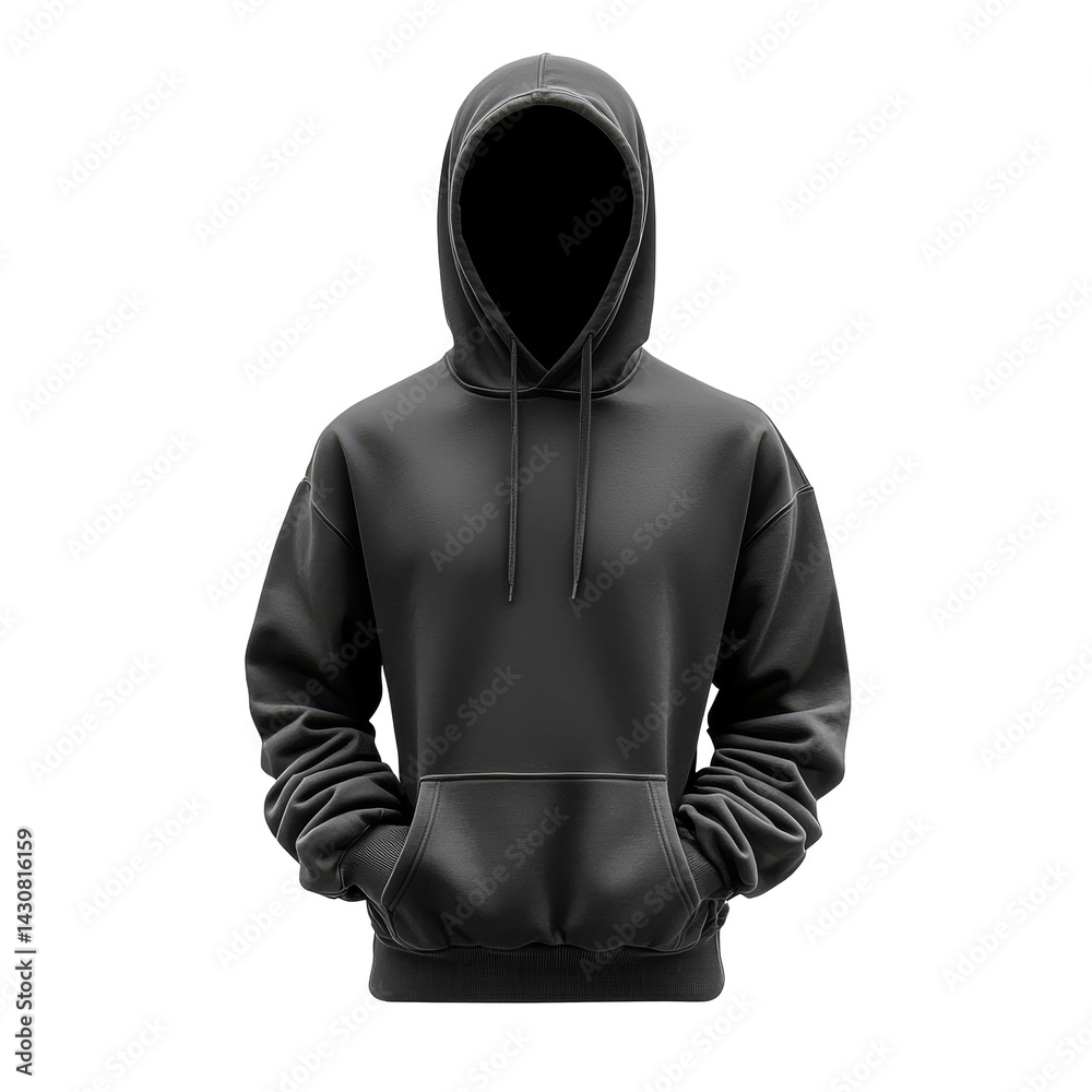 Black hoodie on a mannequin with a hood and long sleeves standing against a plain background