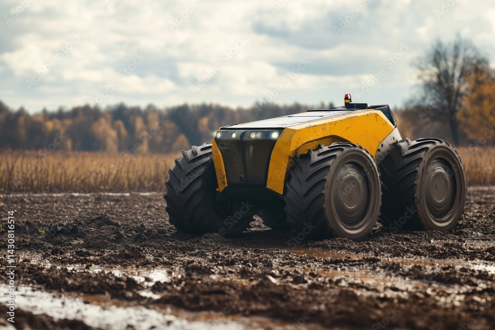 Obraz premium A robotic tractor rolls through a muddy field