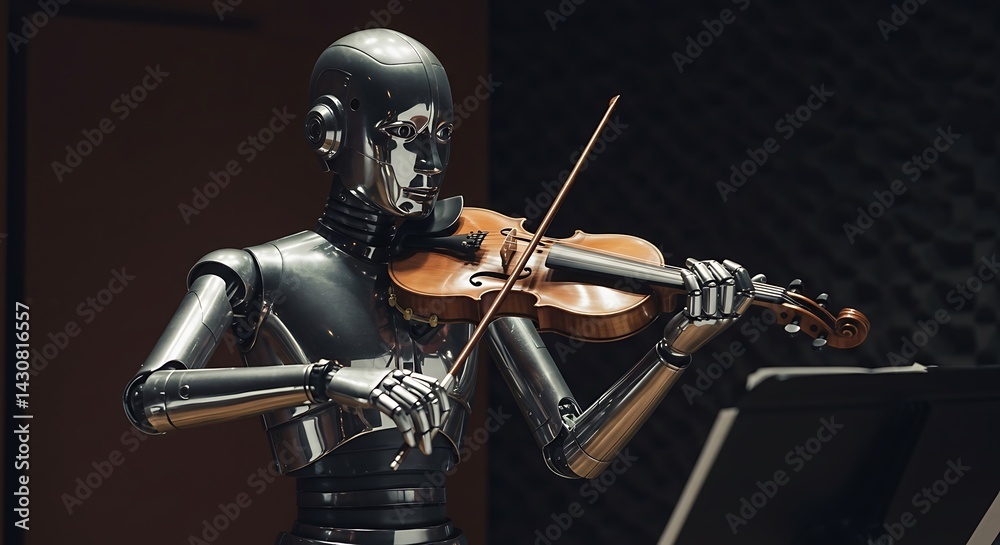 Naklejka premium Robot Playing Violin with Sheet Music Stands Showing Ai Artistry
