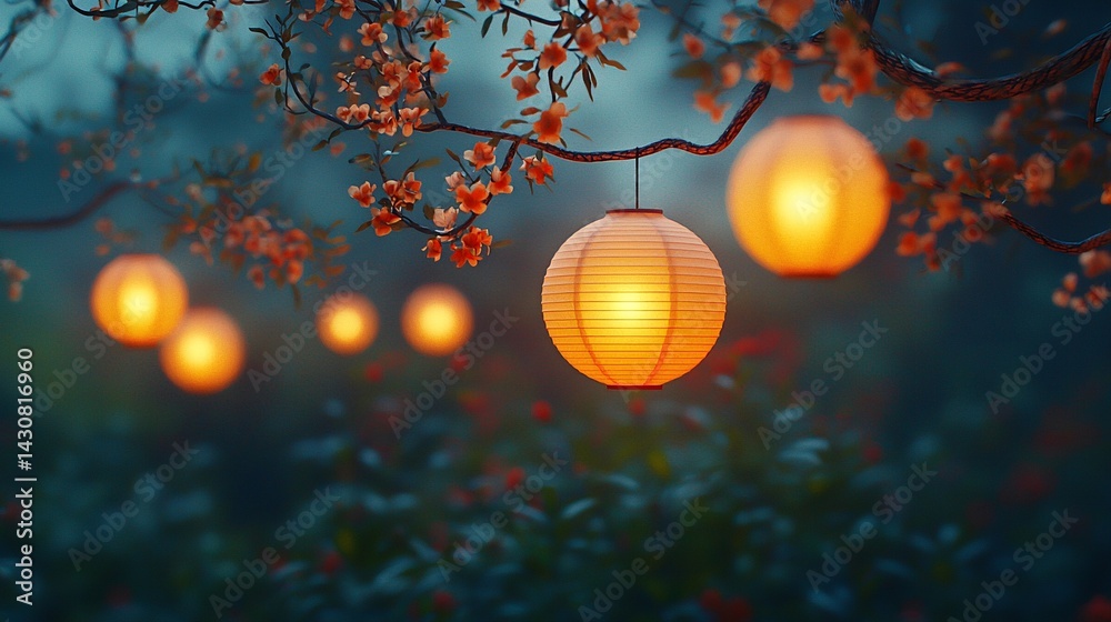 Enchanting tree adorned with handmade paper lanterns glowing softly at dusk creating a magical atmosphere Enchanting tree adorned with handmade paper lanterns glowing softly at dusk creating a magical atmosphere