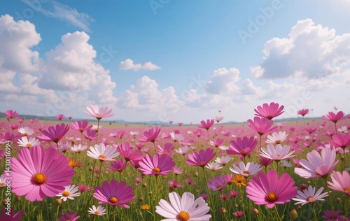 Blue sky and clouds and cosmos background image, flower, season, banner texture poster advertising