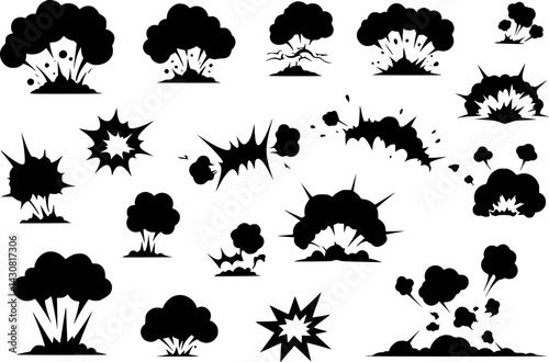Explosive cloud bursts creating dynamic energy in a bold graphic style with varied shapes and sizes, vector set