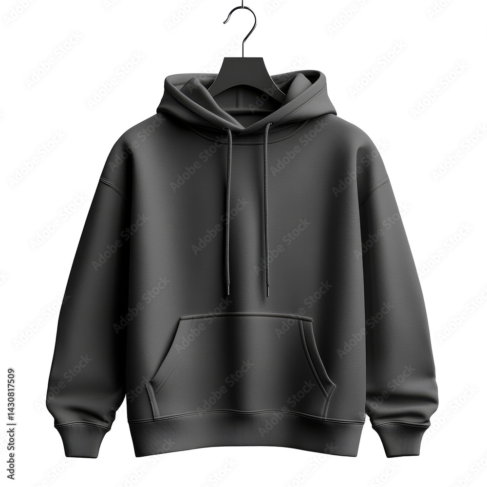 Casual black hoodie hanging on a black coat hanger in a minimalistic setting