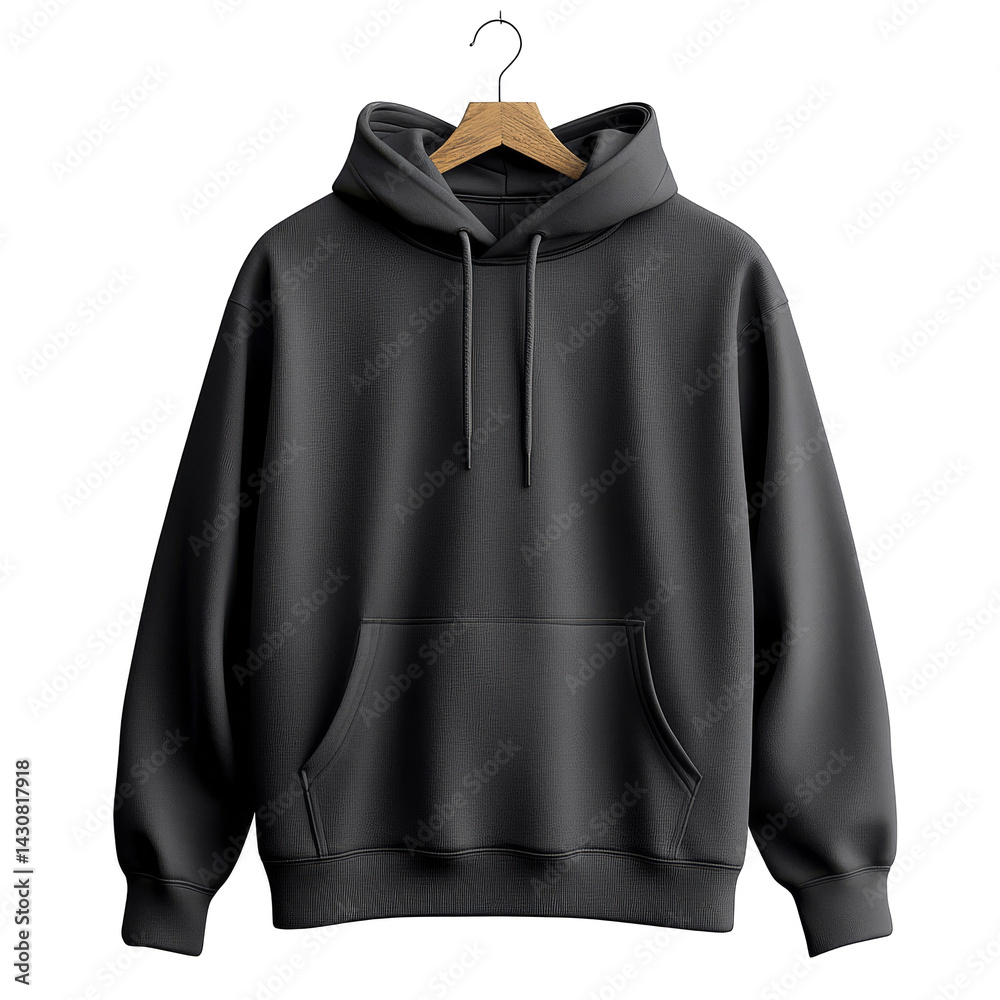 Comfortable black hoodie hanging on a wooden hanger in a neutral setting