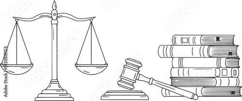 Symbolic representation of justice and law through scales, gavel, and books in a minimalist design, vector set