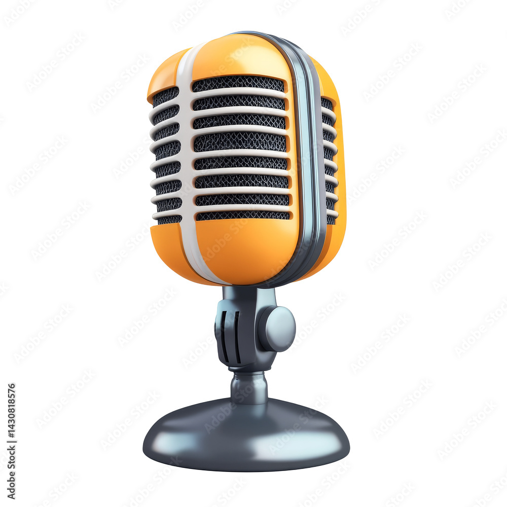 Vintage microphone in bright orange and silver design stands on a sturdy black base
