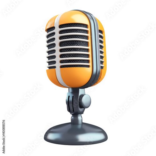 Vintage microphone in bright orange and silver design stands on a sturdy black base