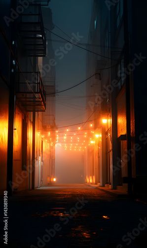 Urban nocturne alleyway scene bathed in ethereal light with cityscape fading into misty haze