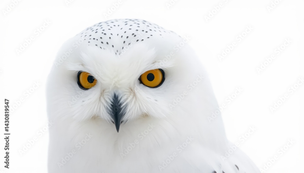 Obraz premium Close Up Portrait of a Snowy Owl Against White Background