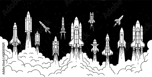 Various rocket designs launching into space surrounded by stars and clouds of smoke, vector set PNG