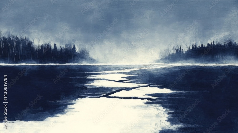 Fototapeta premium Moody Blue Landscape with Foggy Trees and Water