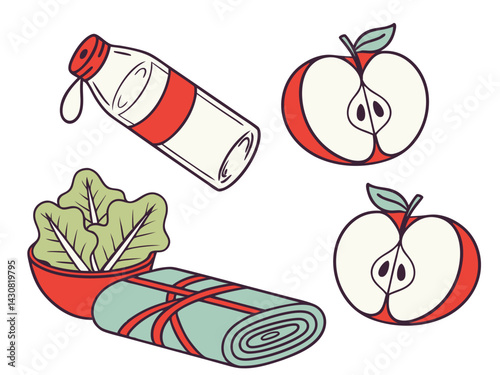 Vector icon set of healthy lifestyle essentials: water bottle, apples, salad, and a yoga mat. Perfect for wellness, nutrition, and fitness designs.