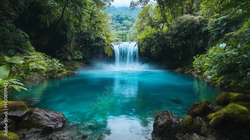 Waterfall in a Lush Jungle with Turquoise Waters