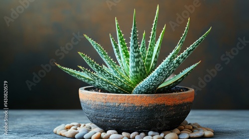 Aloe Vera Succulent in a Dark Pot on Stones