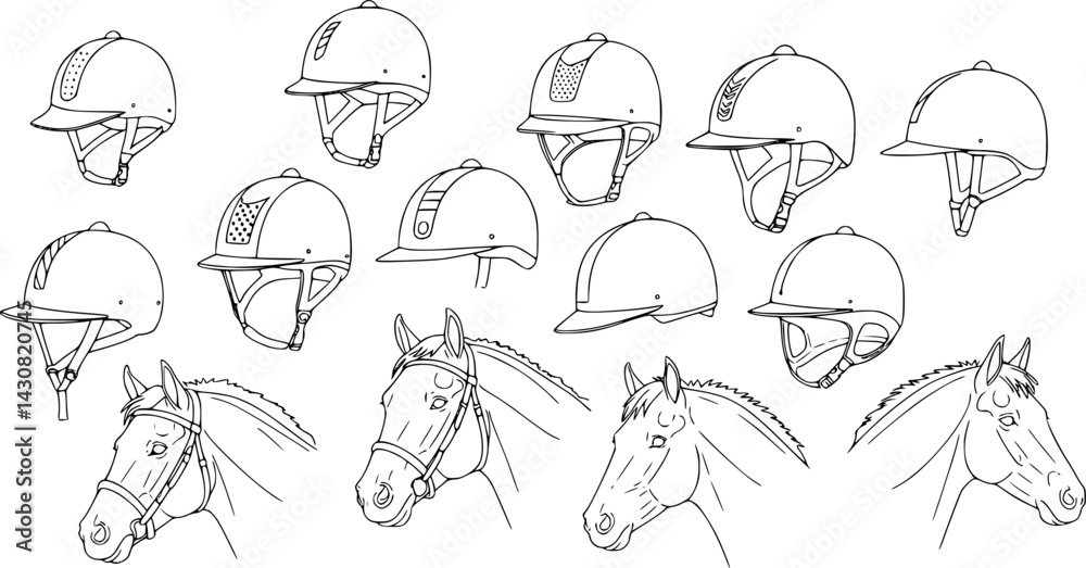 Fototapeta premium Collection of equestrian helmets and horse head illustrations showcasing diverse styles and designs